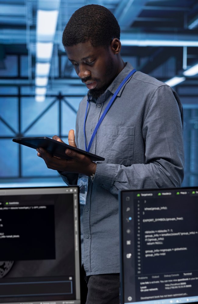 Admin in data center using diagnostic tools and system monitoring software on tablet device to identify root cause of errors. IT professional in server farm repairing infrastructure
